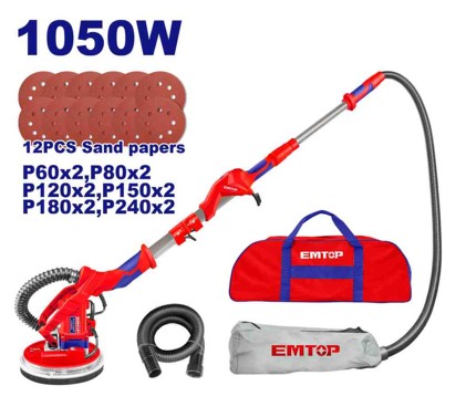 Drywall Sander 1050W, 220-240V, 600-2600rpm, 215mm Sanding Pad, Integrated Work Light, With 12 Sand Papers